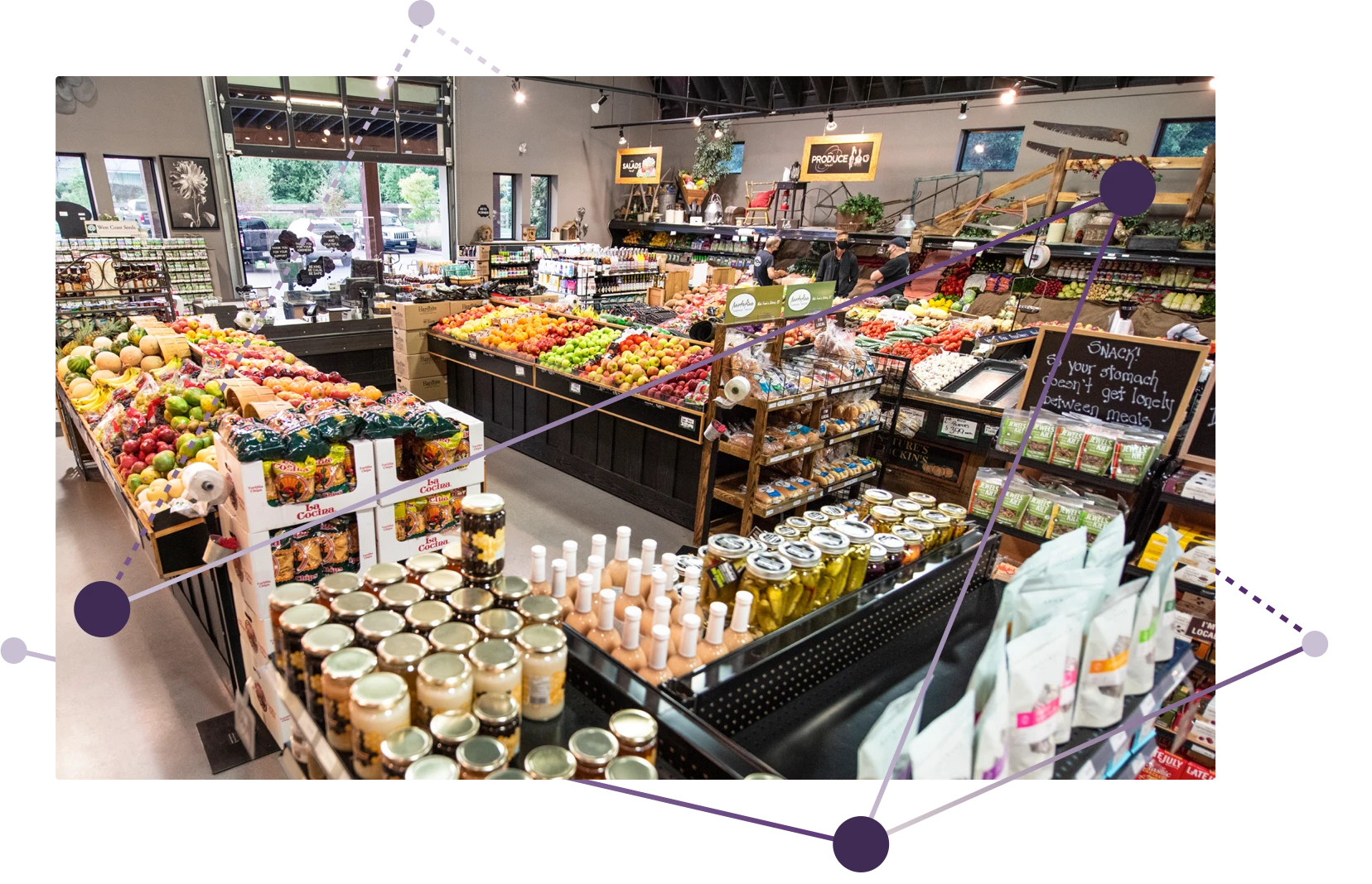 An inviting grocery store featuring a diverse array of fresh produce alongside numerous other grocery items An inviting grocery store featuring a diverse array of fresh produce alongside numerous other grocery items